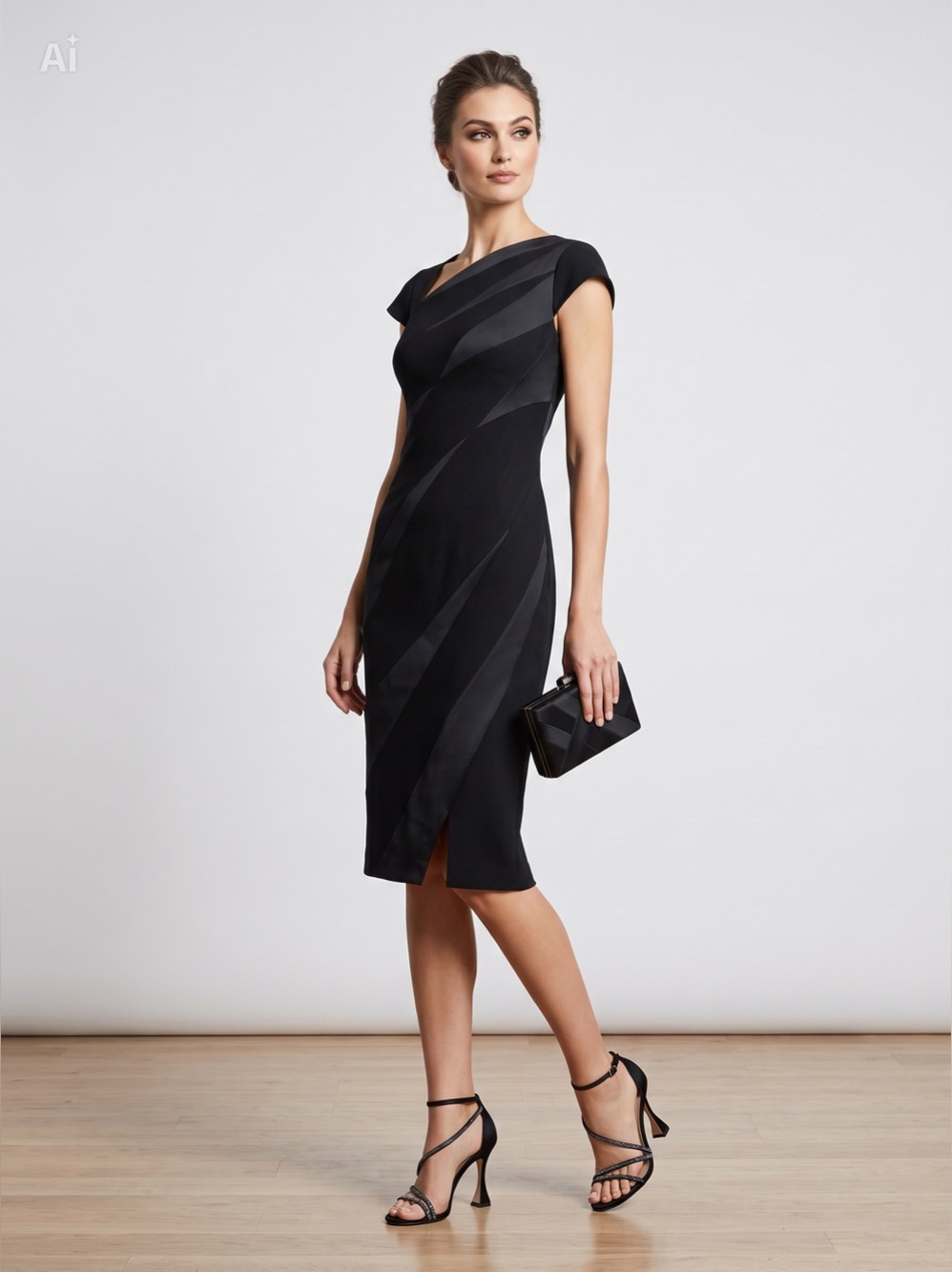 Karen Millen Vintage Black Wool Satin Blend Plunge Pencil Dress